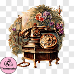 Vintage Telephone with Floral and Jewelry Accents PNG Design 153