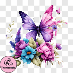 Colorful Butterfly on a Bed of Flowers PNG Design 190