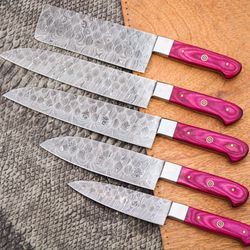 Handmade 5 Pcs Pink Chef Set Kitchen Knife Set With Leather Roll Bag