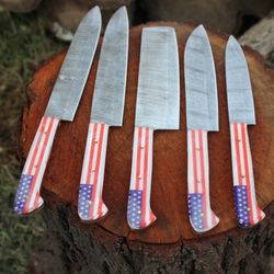 Handmade 5 Pcs American Flag Chef Set Kitchen Knife Set With Leather Roll Bag gift