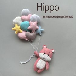 Hippo and balloons pdf pattern cute felt animals plush pattern funny ornaments baby mobile pattern handmade plushie safa