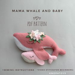 Set of 2 pdf felt Whale plushie pattern kawaii under the sea animals ornament cute baby mobile pattern whale decor baby