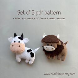 Set of 2 pdf pattern cow plush farm animals funny ornament bull plushie pattern handmade felt animals kawaii plush cute