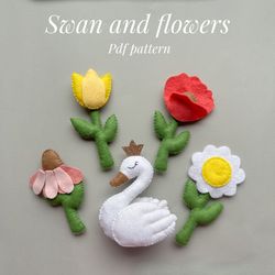 Set of 5 pdf plush pattern swan ornament felt flowers kawaii plush pattern diy felt garland tutorial bird and flower dec