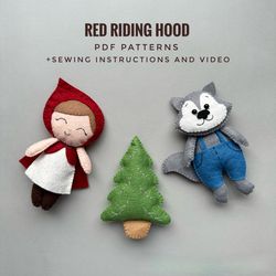 Set of 3 pdf pattern Red Riding Hood ornament wolf plush pattern and tree fairytale felt sewing pattern handmade cute fe