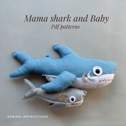 Set of 2 pdf pattern Mama Shark and Baby ornament felt animals plush pattern sea animals handmade plushie funny ornament