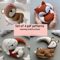 Set of 4 pdf pattern felt animals plush pattern bear cute handmade ornaments woodland animals baby mobile fox pattern bu
