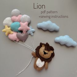 Lion with balloons pdf plush pattern funny ornaments Lion plushie pattern cute handmade stuffed toys baby mobile pattern