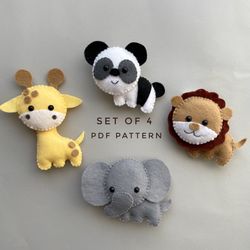 Set of 4 pdf pattern felt safari animals plush pattern elephant ornament lion plush miniatures giraffe plushie cute pand
