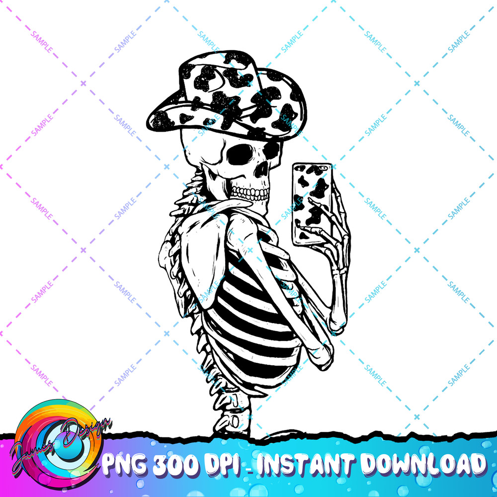 Funny Skeleton Cowgirl Selfie Cow Print Cowboy Hat Western PNG Download.jpg
