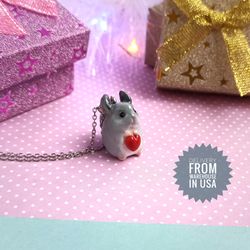 cute chinchilla love you necklace Tine pet holding a heart ih her paws