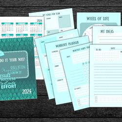 Printable motivational yearly Planner 2024 with habbit's tracker and 6 other different pages