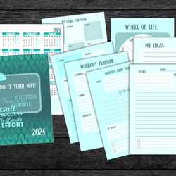 printable motivational yearly planner 2024 with habbit's tracker and 6 other different pages