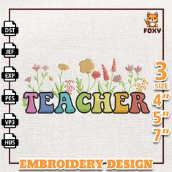 custom flower teacher embroidery design, floral teacher embroidery design, back to school embroidery design