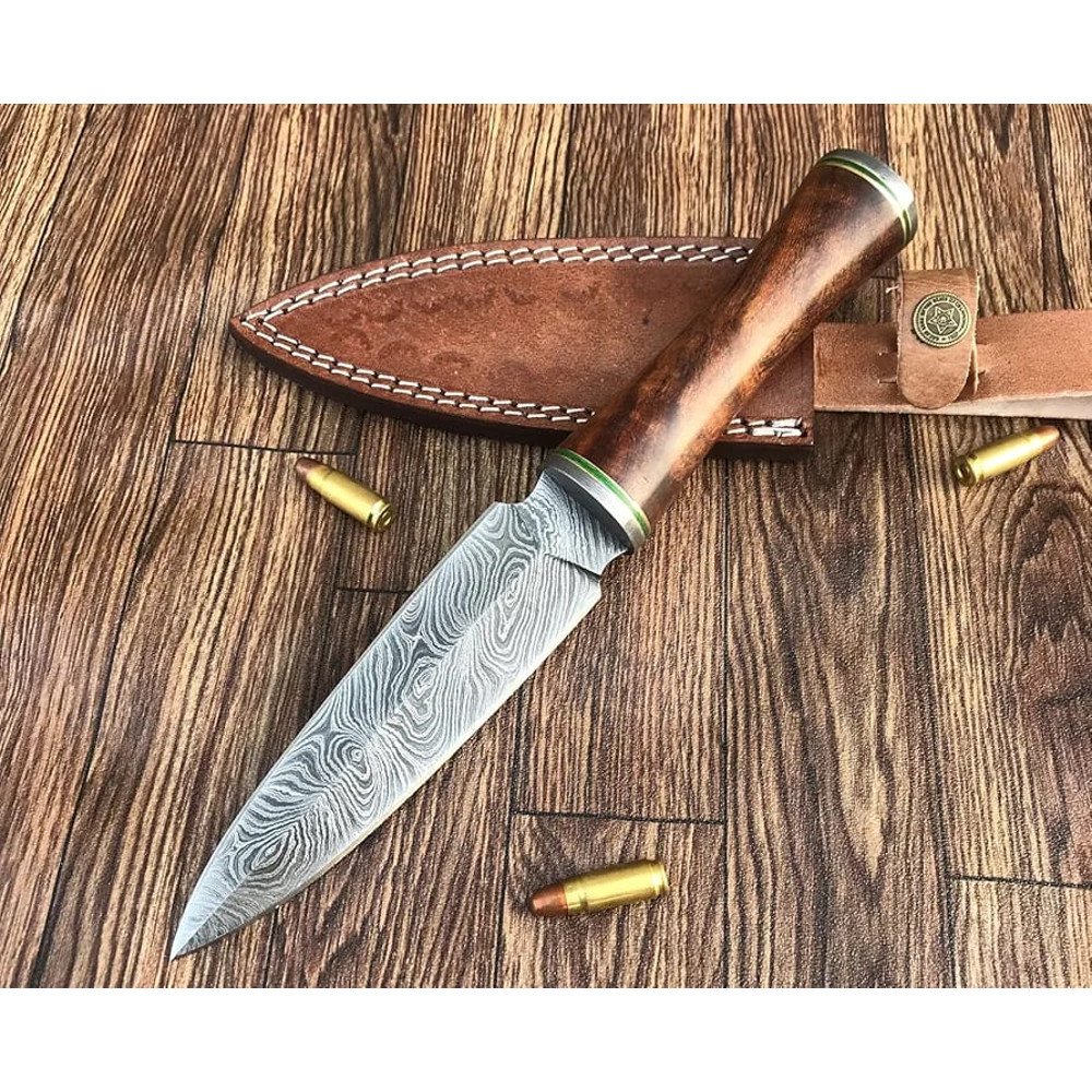 Custom Handmade Damascus Steel Hunting Dagger With Leather 1