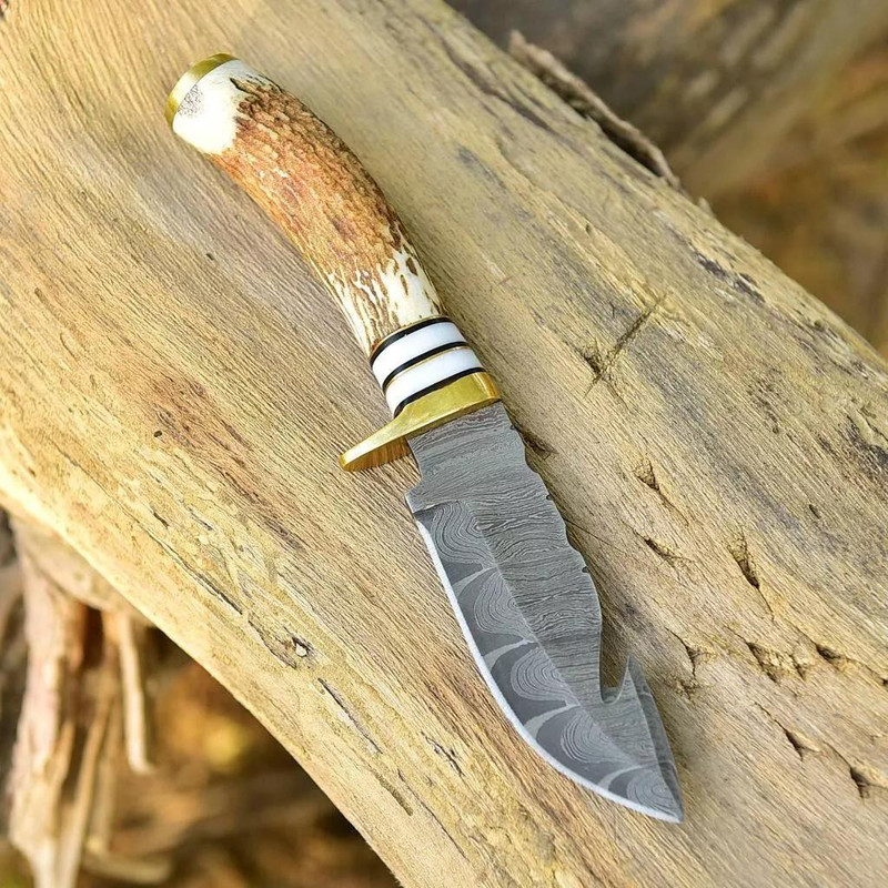 CUSTOM HANDMADE DAMASCUS HUNTING SKINNING KNIFE DEER STAG ANTLER HANDLE GUT HOOK 2
