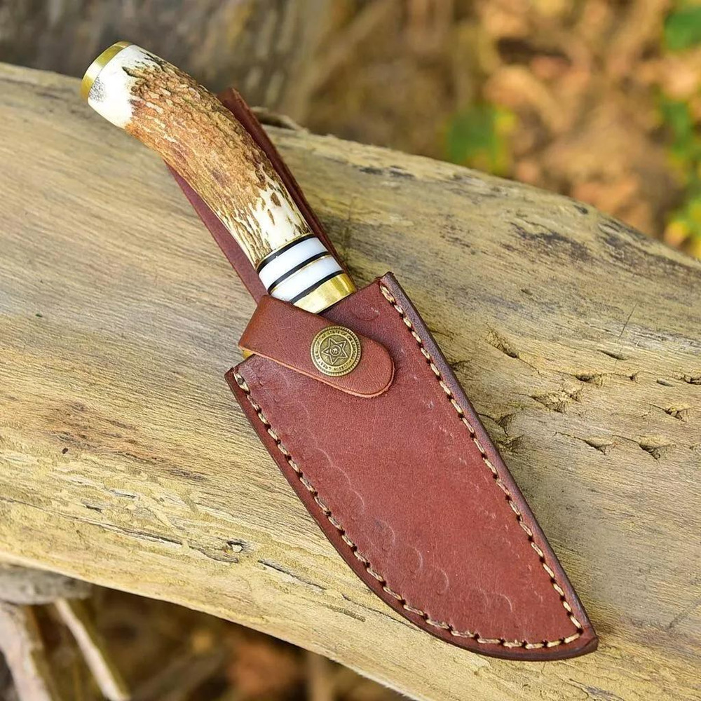 CUSTOM HANDMADE DAMASCUS HUNTING SKINNING KNIFE DEER STAG ANTLER HANDLE GUT HOOK 3