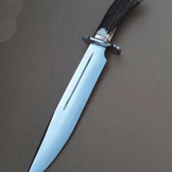 handmade d2 steel bowie knife | 17 inch full tang hunting knife with stag horn handle & leather sheath