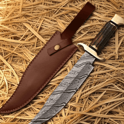 snake damascus bowie knife | deer horn handle | handmade full tang hunting & survival knife with leather sheath