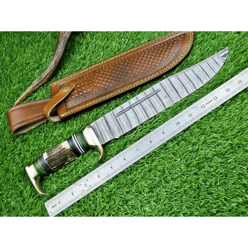 Damascus Steel Survival Blade Stag Antler Handle Full Tang Outdoor Knife Gift With Leather Sheath 1