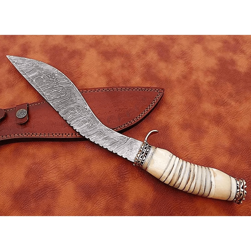 HandForged Damascus Kukri Bowie Knife 15 Hunting Blade Camel Bone Handle Leather Sheath Survival 2