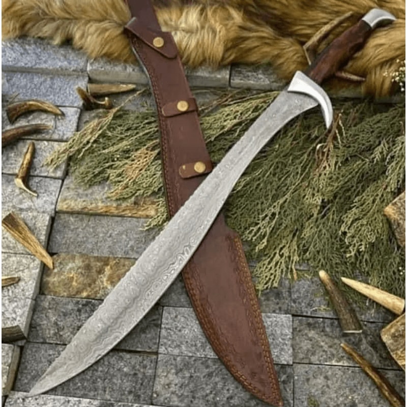 Handmade Damascus Steel Bowie Knife Rosewood Handle Leather Sheath 0