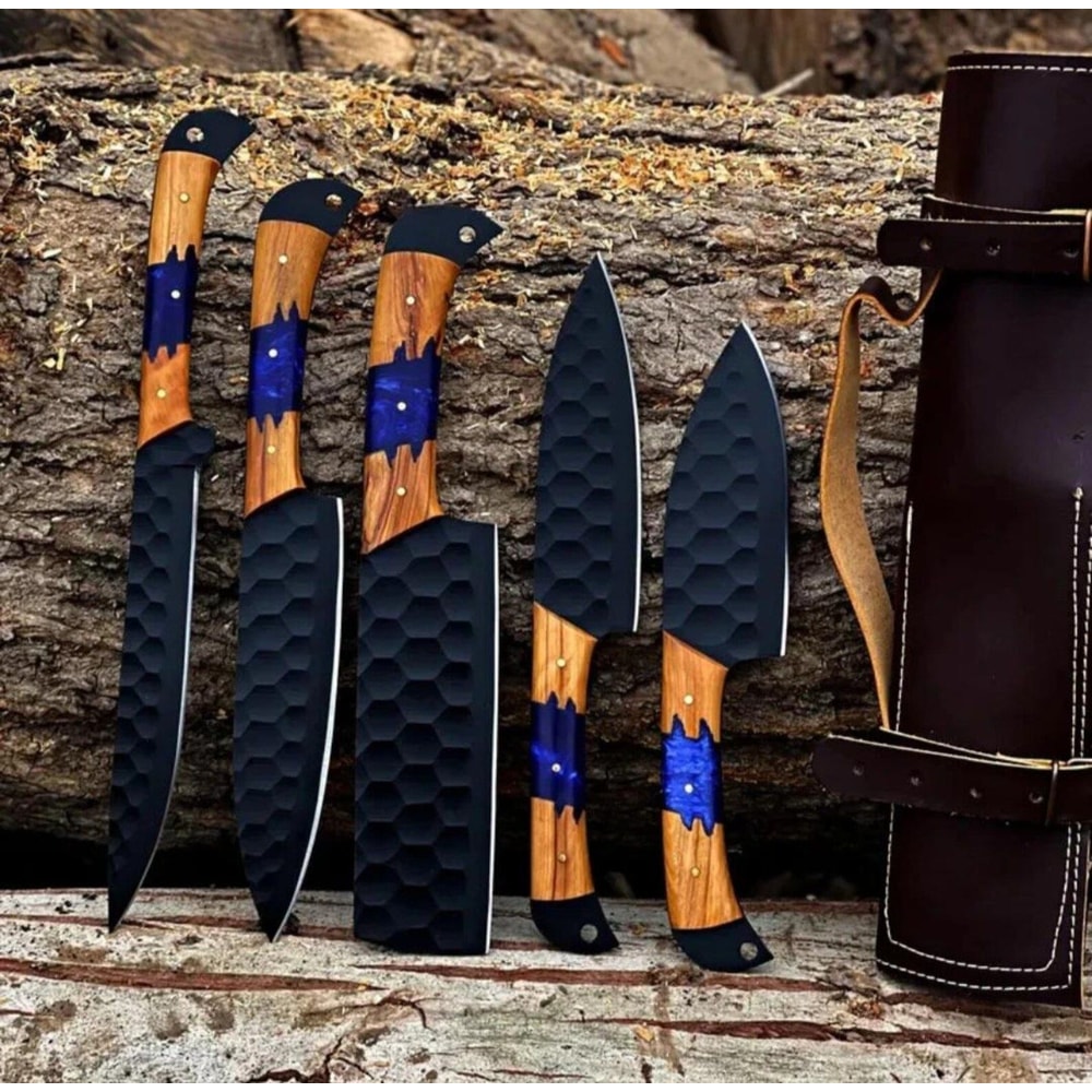 HandForged 5Piece Chef Knife Set Hammered Black Blade Kitchen Knives With Custom Wooden Handles 2