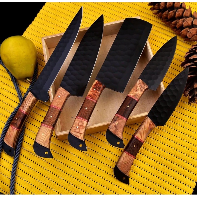 Forged Chef Knife Set 5 Piece Black Hammered Kitchen Knives With Wooden Handles Chef Gift 0