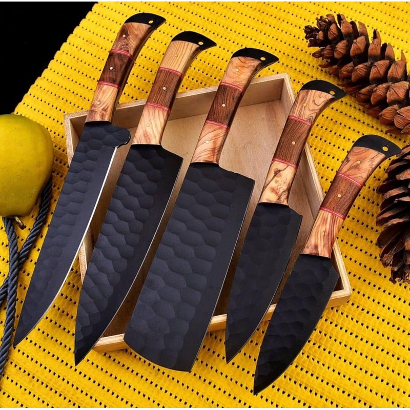 Forged Chef Knife Set 5 Piece Black Hammered Kitchen Knives With Wooden Handles Chef Gift 2