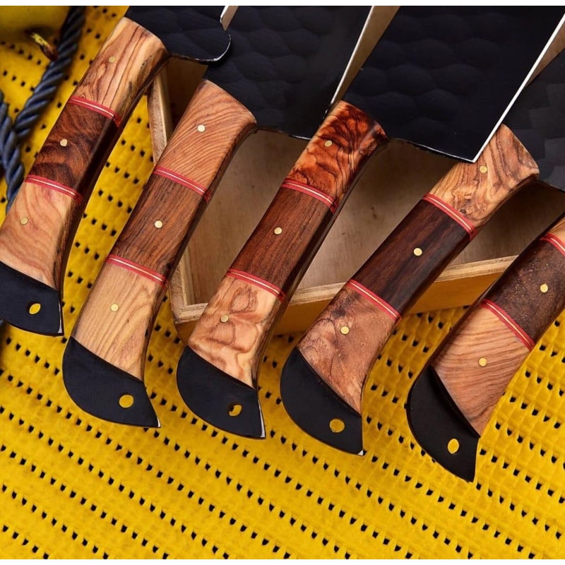 Forged Chef Knife Set 5 Piece Black Hammered Kitchen Knives With Wooden Handles Chef Gift 3