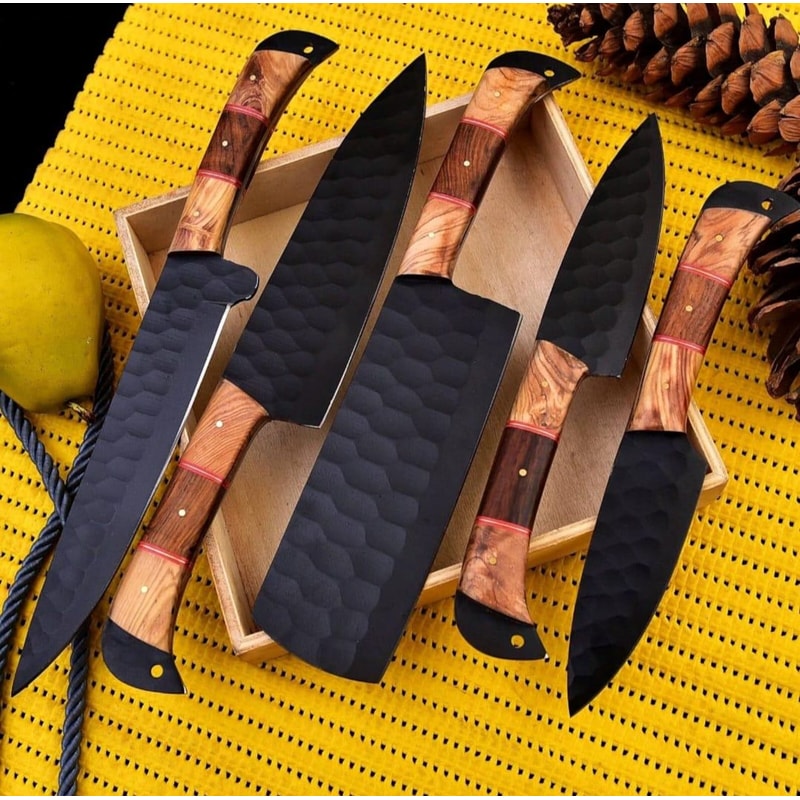 Forged Chef Knife Set 5 Piece Black Hammered Kitchen Knives With Wooden Handles Chef Gift 4