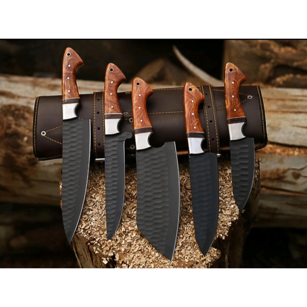 Forged Chef Knife Set 5 Piece Black Hammered Kitchen Knives With Wooden Handles 0