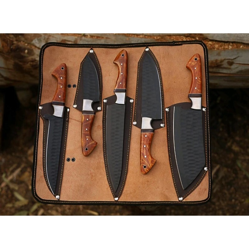 Forged Chef Knife Set 5 Piece Black Hammered Kitchen Knives With Wooden Handles 1