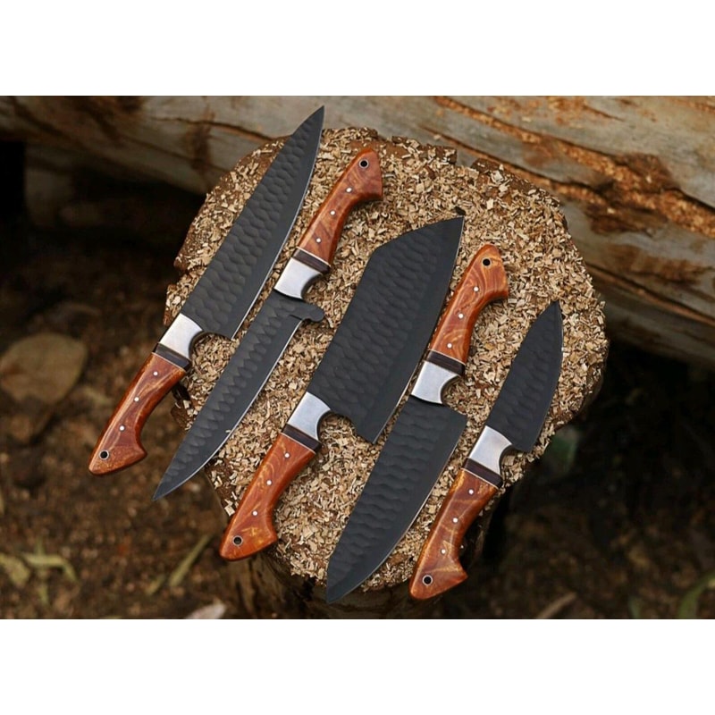 Forged Chef Knife Set 5 Piece Black Hammered Kitchen Knives With Wooden Handles 2