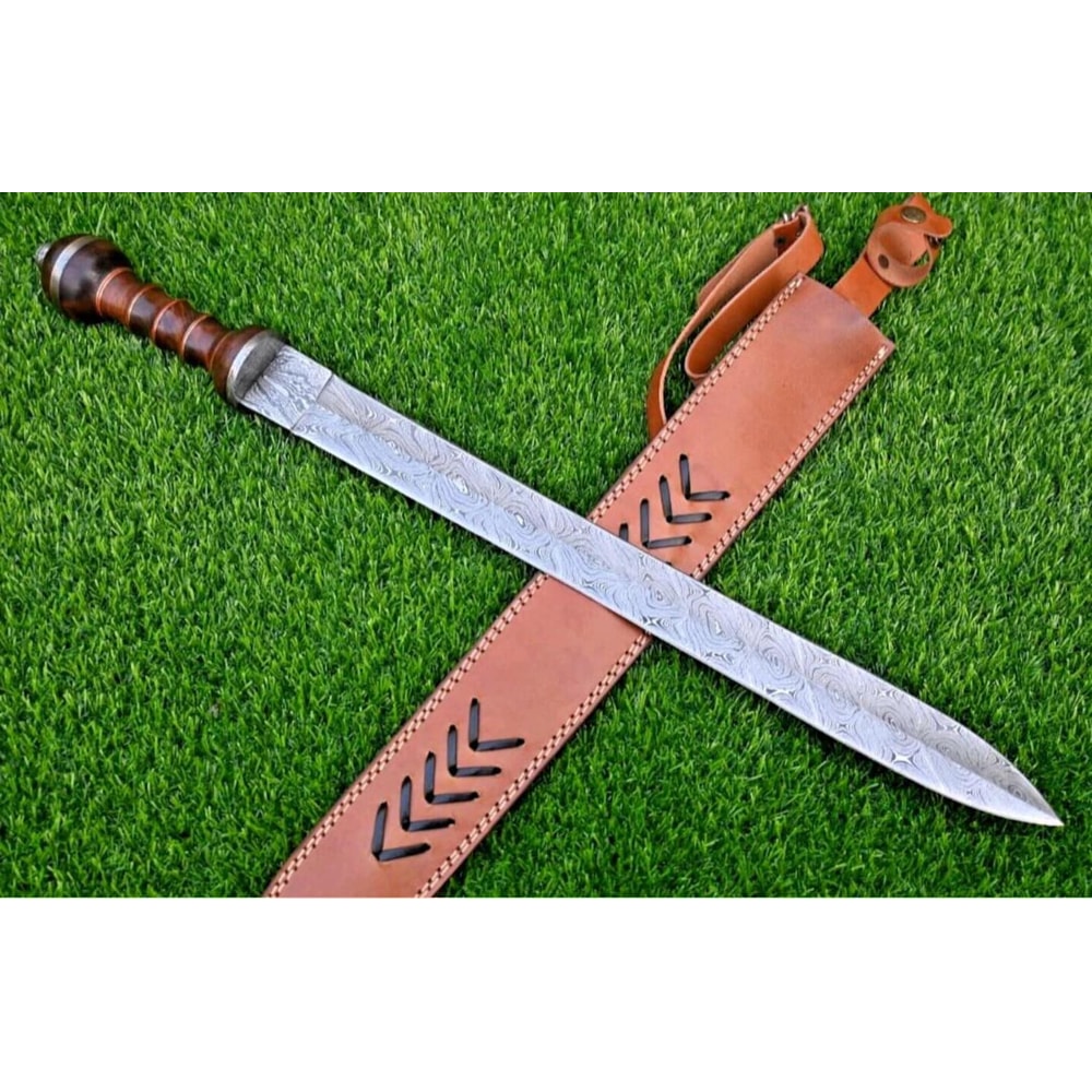 Handmade Damascus Steel Roman Gladius Sword 38 Inch Collector Blade With Leather Sheath Medieval 0