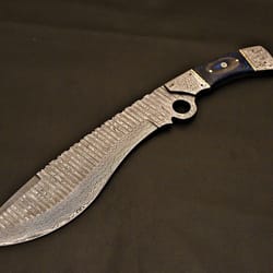 handmade damascus bowie knife | camping edc fixed blade with leather sheath