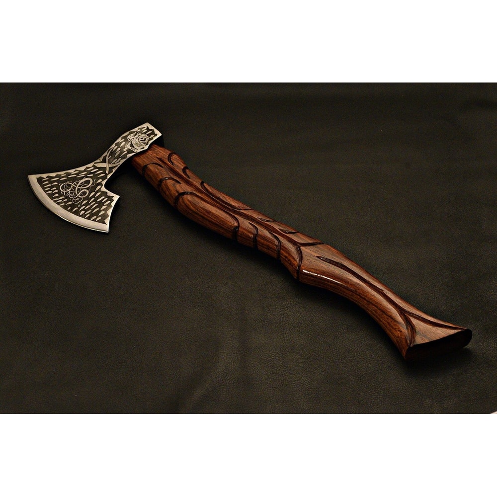 Handmade Viking Axe Etched Carbon Steel Blade With Rosewood Handle Display Piece Christmas Gift 2