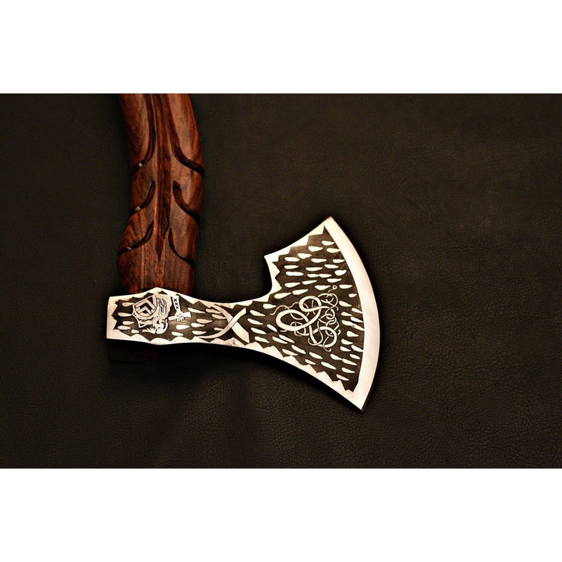 Handmade Viking Axe Etched Carbon Steel Blade With Rosewood Handle Display Piece Christmas Gift 3
