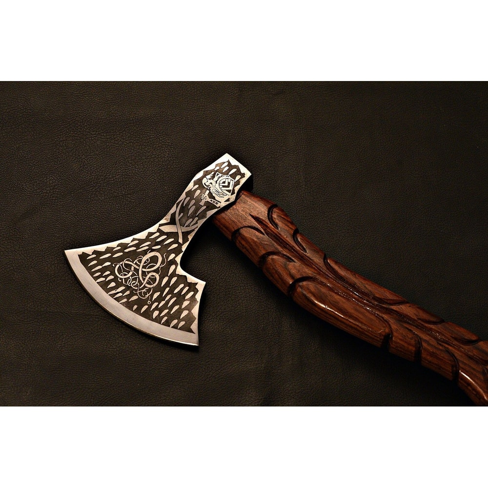 Handmade Viking Axe Etched Carbon Steel Blade With Rosewood Handle Display Piece Christmas Gift 4