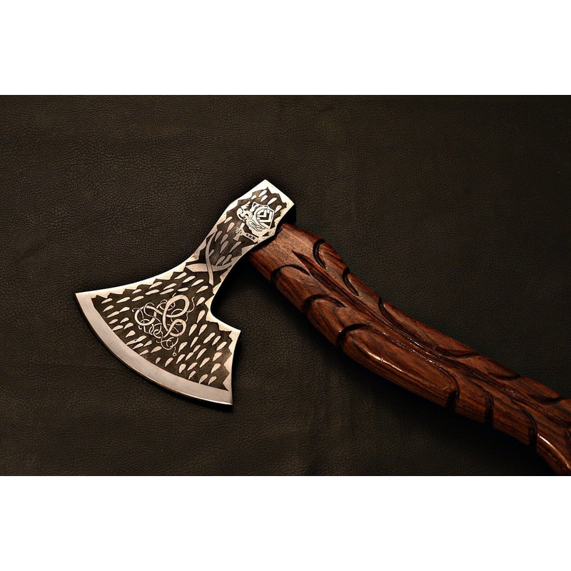 Handmade Viking Axe Etched Carbon Steel Blade With Rosewood Handle Display Piece Christmas Gift 4