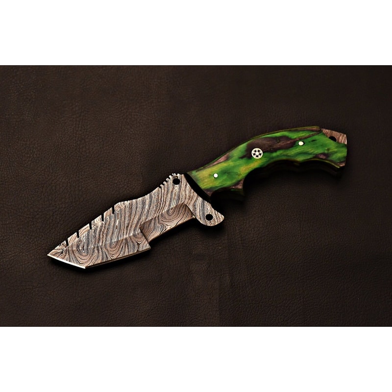 Artisan Damascus Tracker Knife Green Hardwood Handle Fixed Blade Anniversary Gifts 5