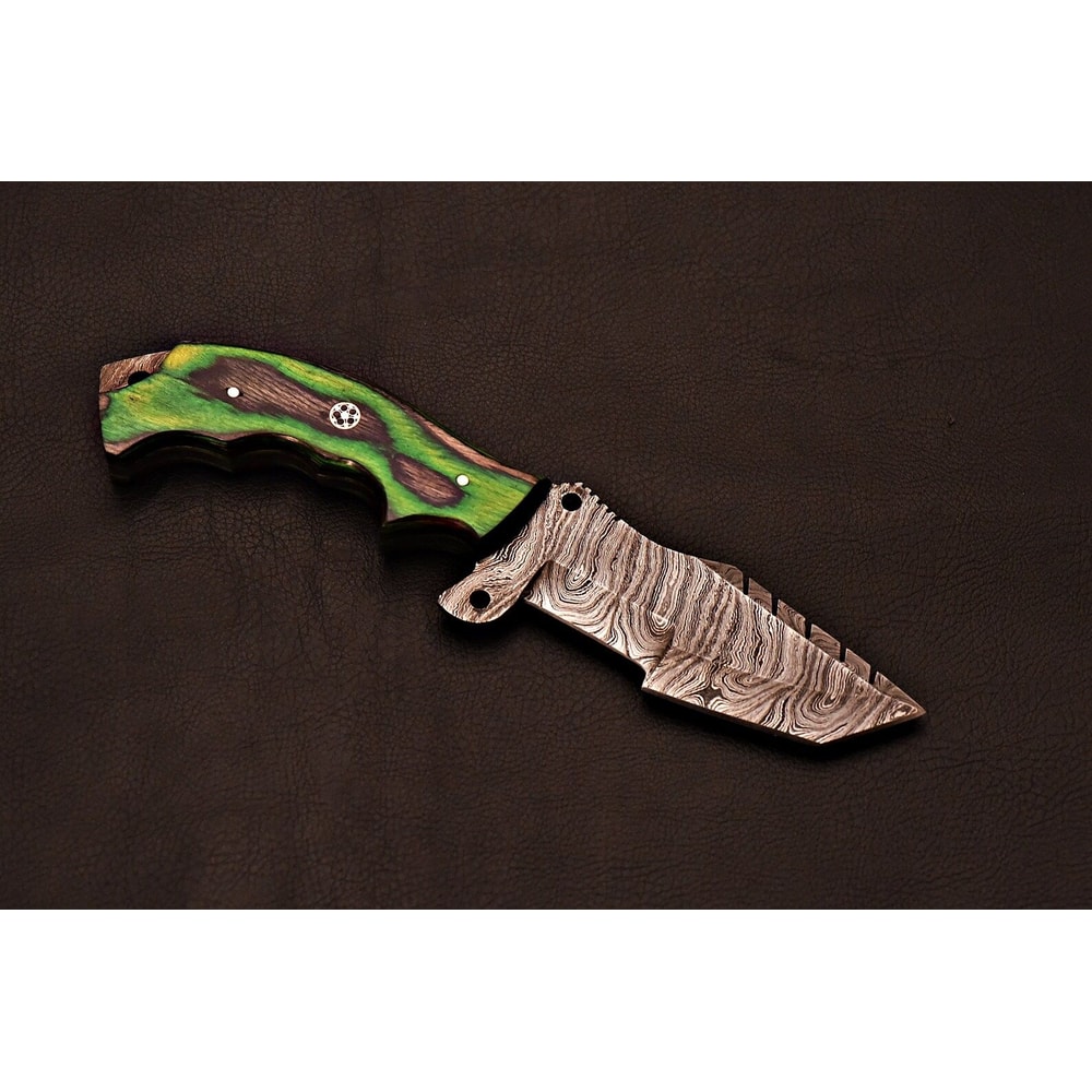 Artisan Damascus Tracker Knife Green Hardwood Handle Fixed Blade Anniversary Gifts 6