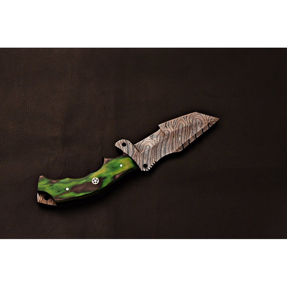 Artisan Damascus Tracker Knife Green Hardwood Handle Fixed Blade Anniversary Gifts 7