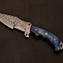 luxury handmade damascus tracker | blue wood handle collectible knife