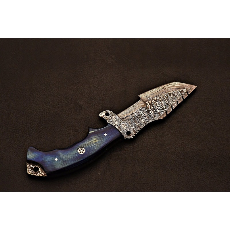 Luxury Handmade Damascus Tracker Blue Wood Handle Collectible Knife 1