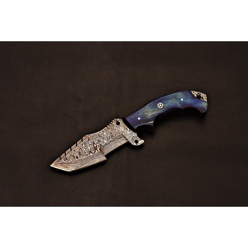 Luxury Handmade Damascus Tracker Blue Wood Handle Collectible Knife 2