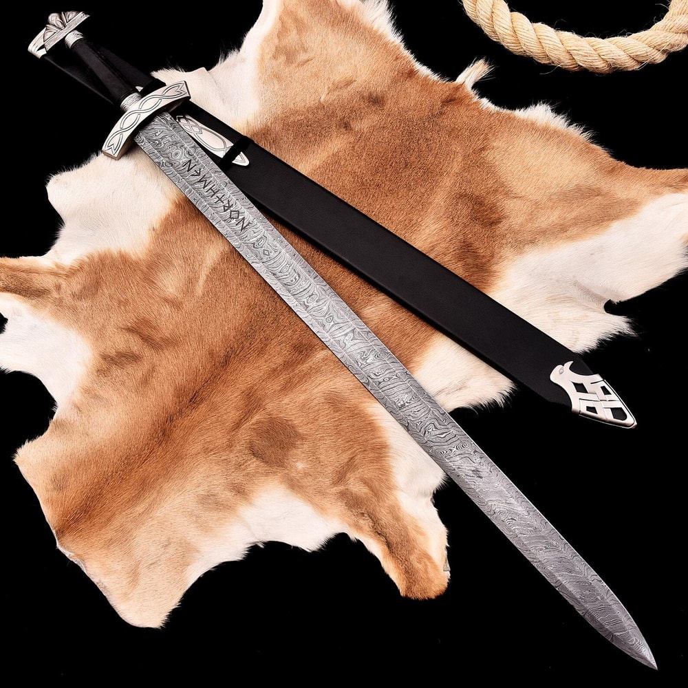Damascus Steel Viking Sword Norse Rune Engraved Medieval Fantasy Collectible Wedding GIFT Husband 4