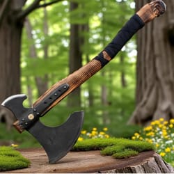 steel viking double blade axe carved wood handle collectible outdoor tool | double blade axe