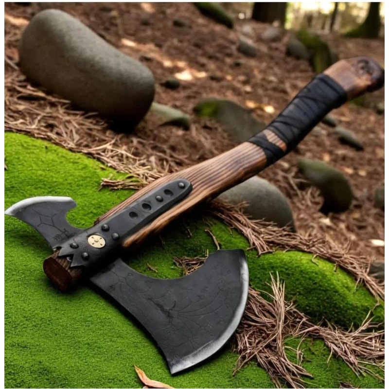 Steel Viking Double Blade Axe Carved Wood Handle Collectible Outdoor Tool Double Blade Axe 3