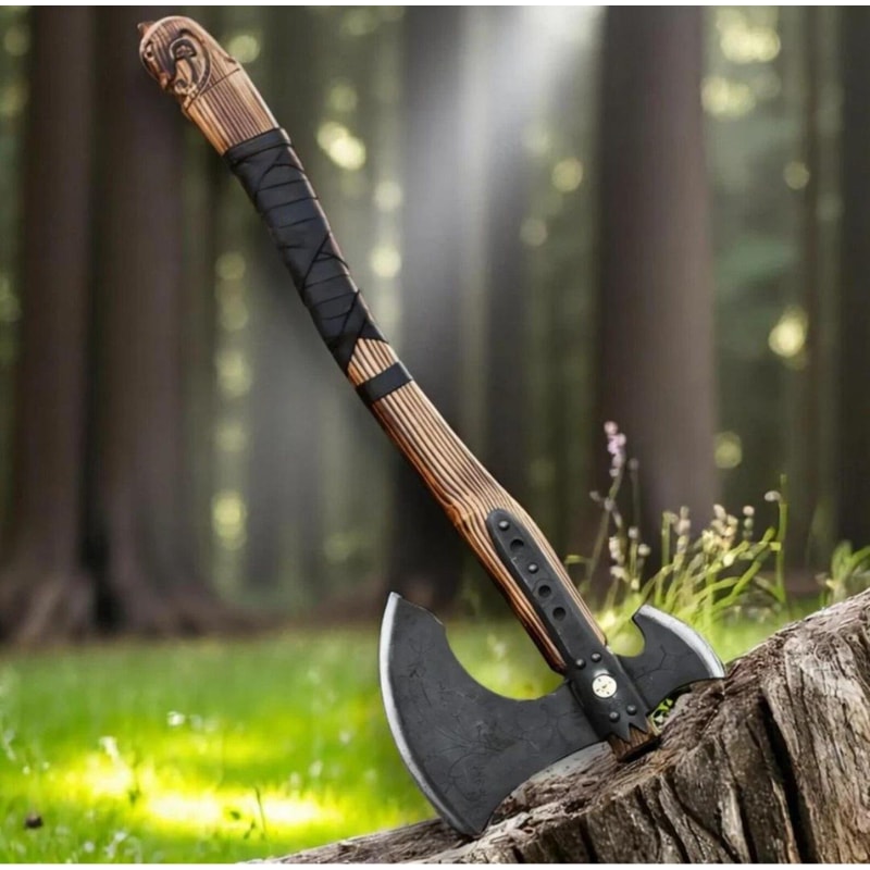 Steel Viking Double Blade Axe Carved Wood Handle Collectible Outdoor Tool Double Blade Axe 6